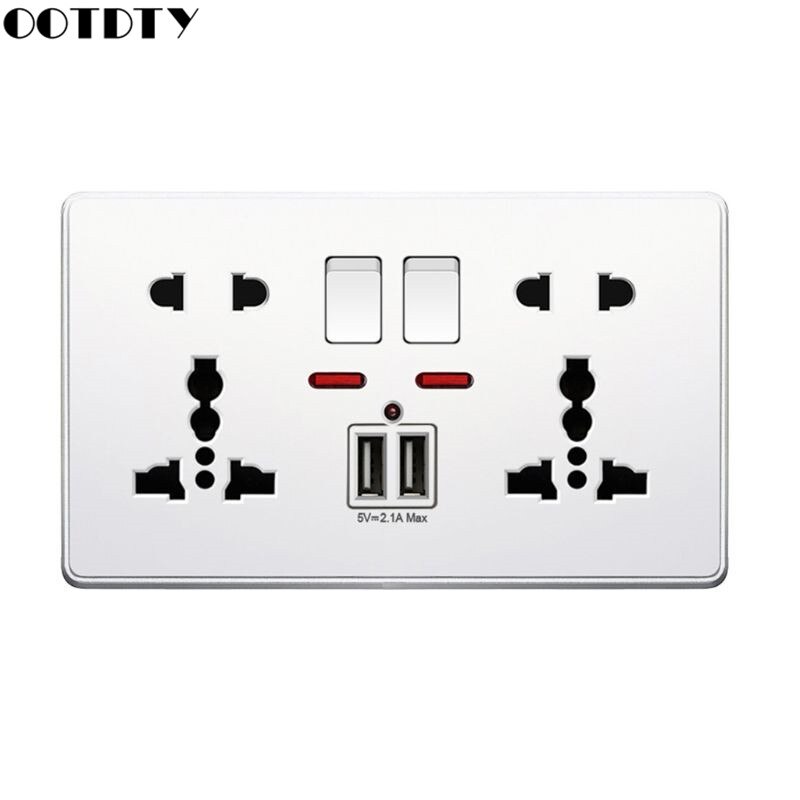 Multifunction UK 13A Wall Socket Push Button 2.1A Double USB Charging Ports: White