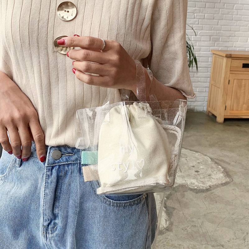 Unik gjennomsiktig bøtteveske og 2 i 1 skulderveske crossbody bag bredde 12cm høyde 14cm tykkelse 8cm