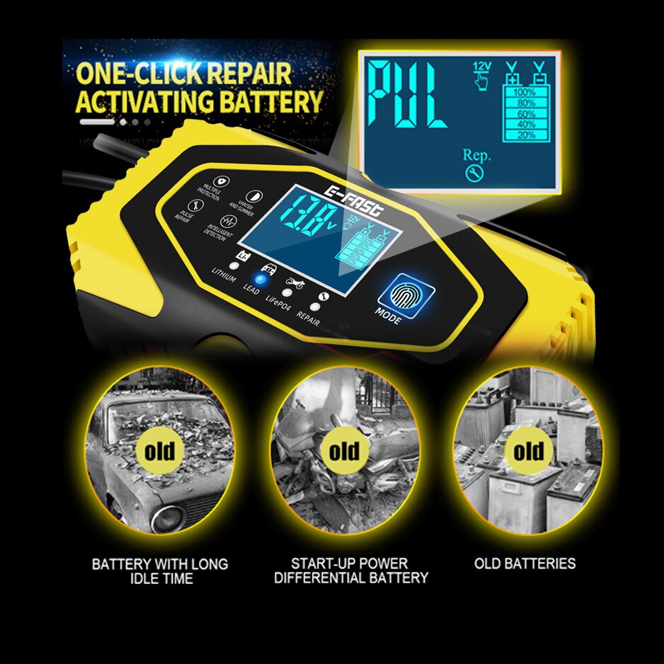 12V 6A 24V 3A Automatic Car Battery Charger Power Pulse Repair Chargers Lead-acid/Lithium Battery Chargers Digital LCD Display