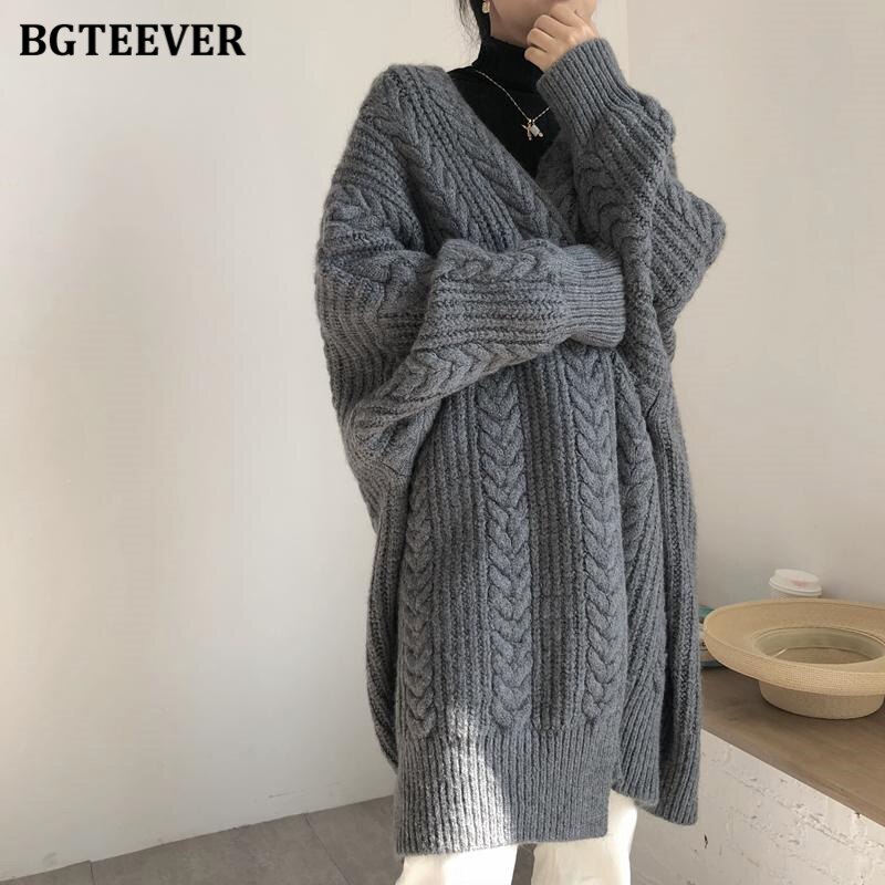Bgteever vintage løs kvindelig lang sweater cardigans tykke varme kvinder snoet strikket cardigan efterår vinterfrakke: Grå