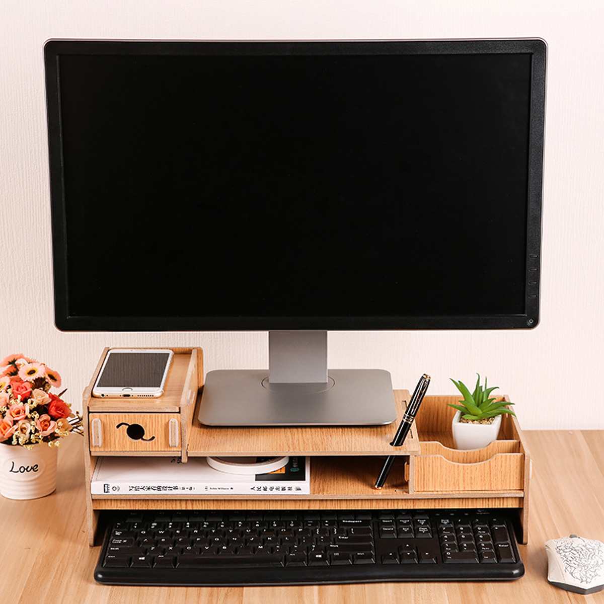 Multi-function Desktop Monitor Stand Neck Protection Computer Screen Riser Wood Shelf Plinth Strong Laptop Stand Desk Holder