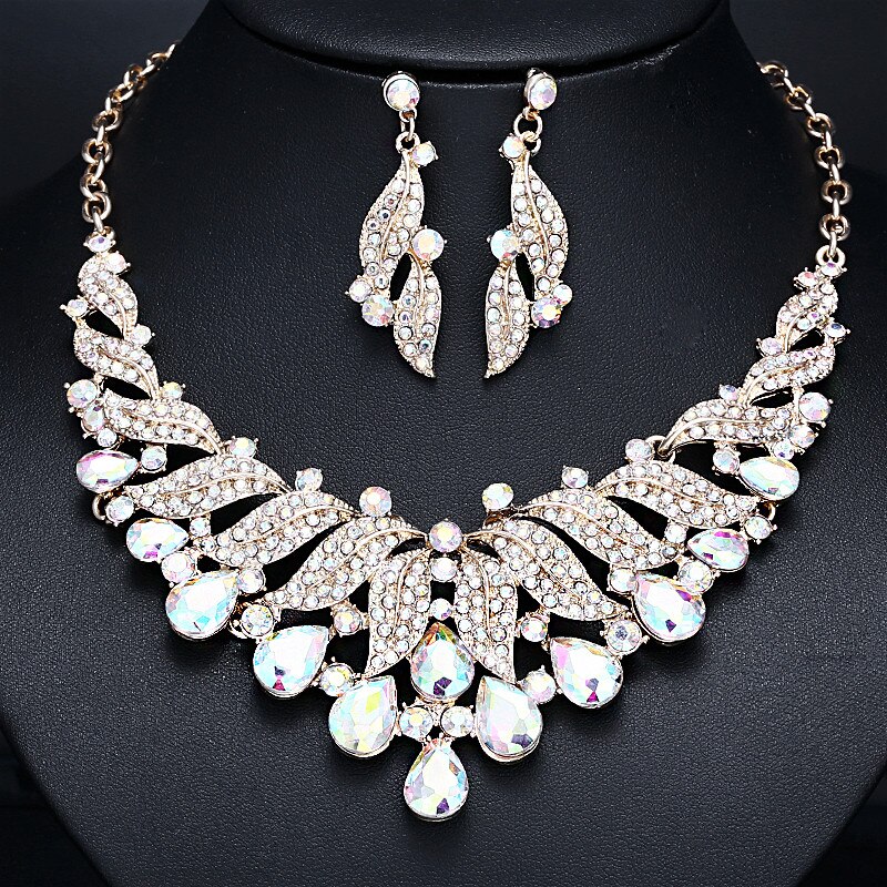 Luxury Leaf Shape Rhinestone Crystal Alloy Necklace Earrings Jewelry Set For Bride Bridal Wedding Party Statement Accessories: ABMulti