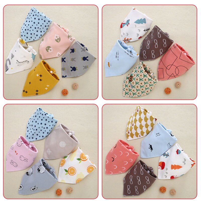 5Pcs Baby Bibs Triangle Cotton Cartoon Child Bibs Dribble Bibs Newborn Absorbent Cloth Soft Comfortable Adjustable Snaps