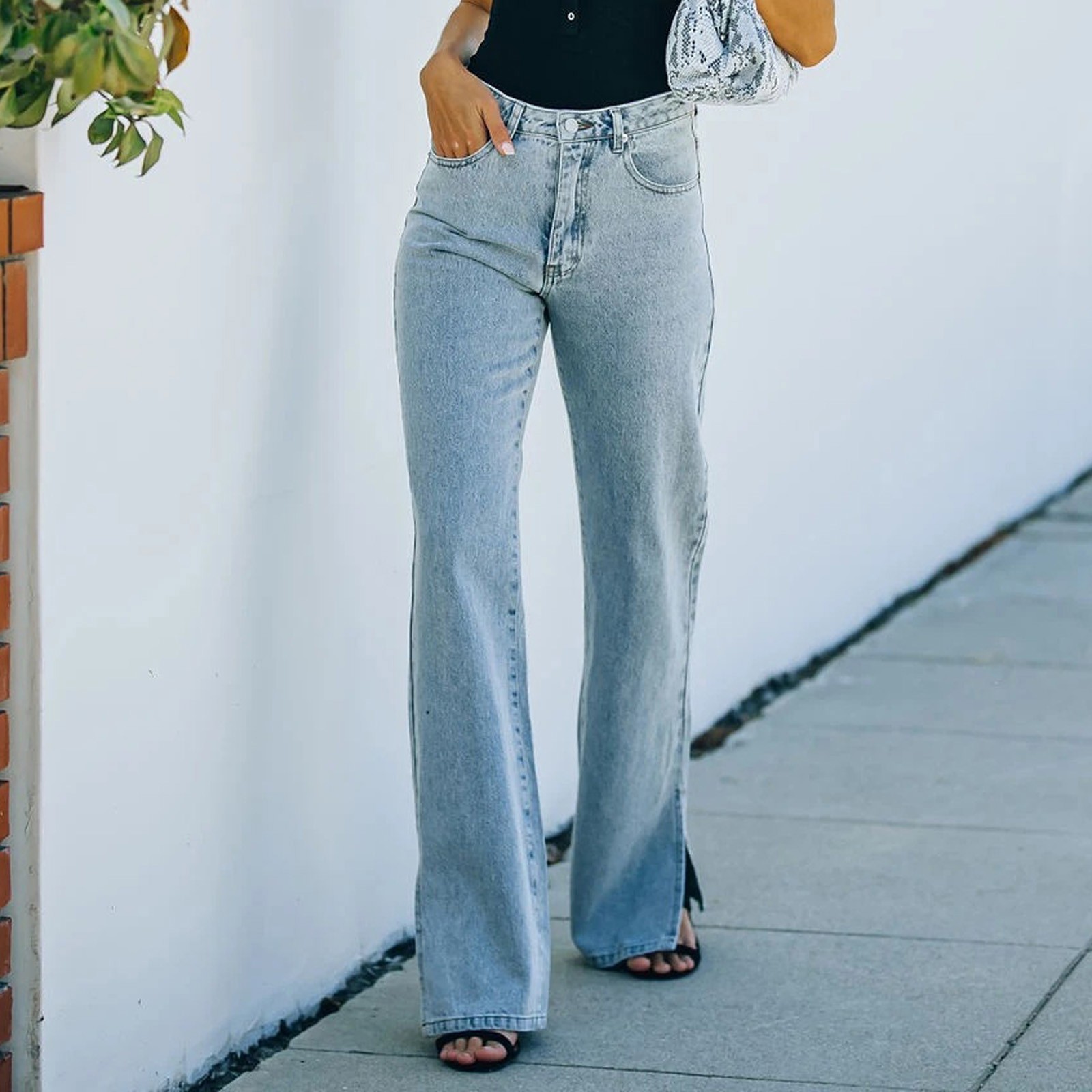Spliced Wide Leg Denim Pants High Waist Jeans Women Ankle Length Jean Washed Loose Fit Pockets Zipper Fly Basics Solid 2024: XL / Light  Blue