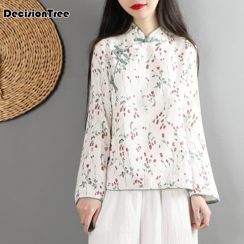 mujeres chinas clásicas Blusa de algodón de lino camisa de manga larga botón tradicional hecho a mano flor tops estampados ropa tang