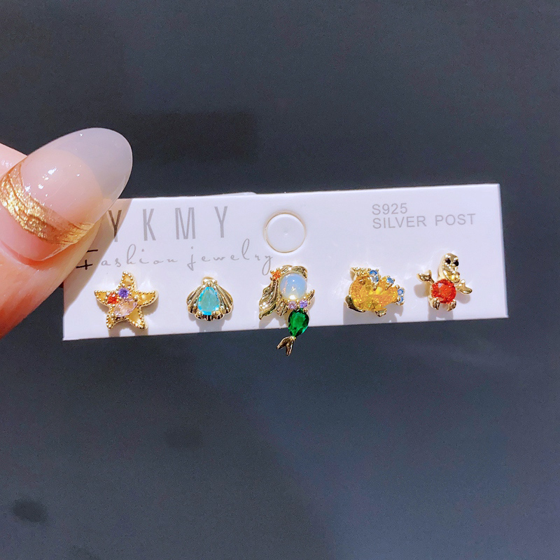 Gemischte 5 teile/satz Bunte Zirkon Kristall Märchen Zucht Ohrringe für Frauen Mädchen Party Schmuck: Hellgelb Gold Farbe