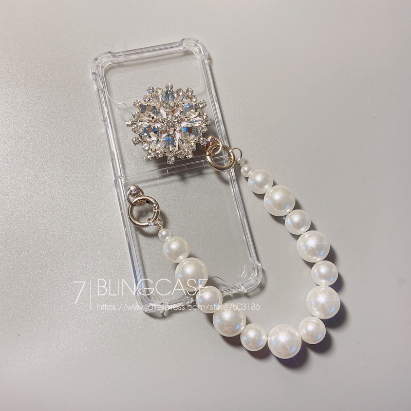 Pearl Bracelet Rhinestone Holder Phone Case For Samsung Galaxy Z Flip 3 Hand Chain Clear Shockproof Z Flip Cover: Galaxy Z Flip / 2