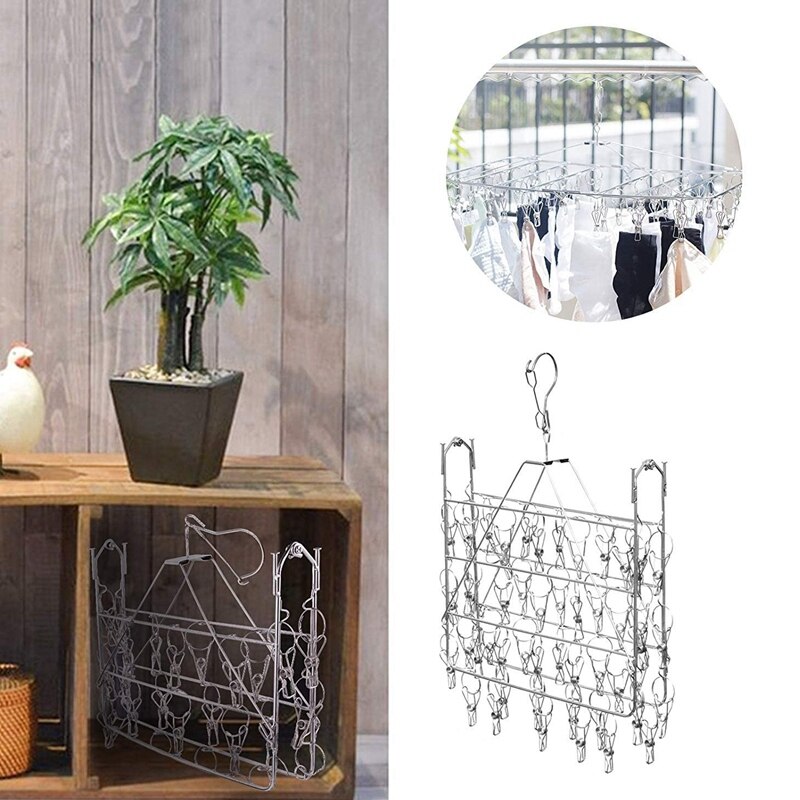 Clothes Drying Rack 52 Clips Stainless Steel Laundry Drying Rack Folding Sock Hanger Underwear Hanger Clothes Hangers