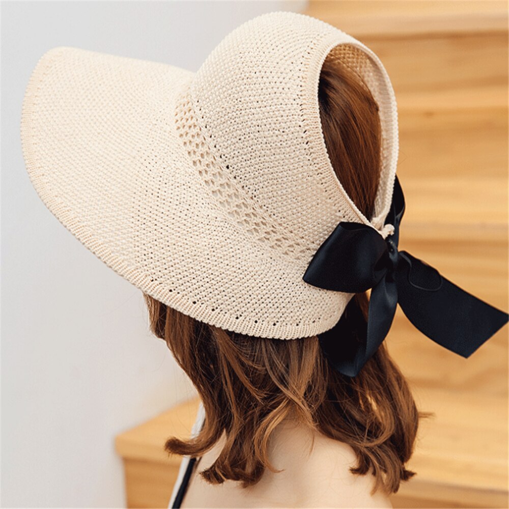 tSun hat foldable straw hat empty top sun hat female summer all-match hat sun hat to cover face outing: Beige