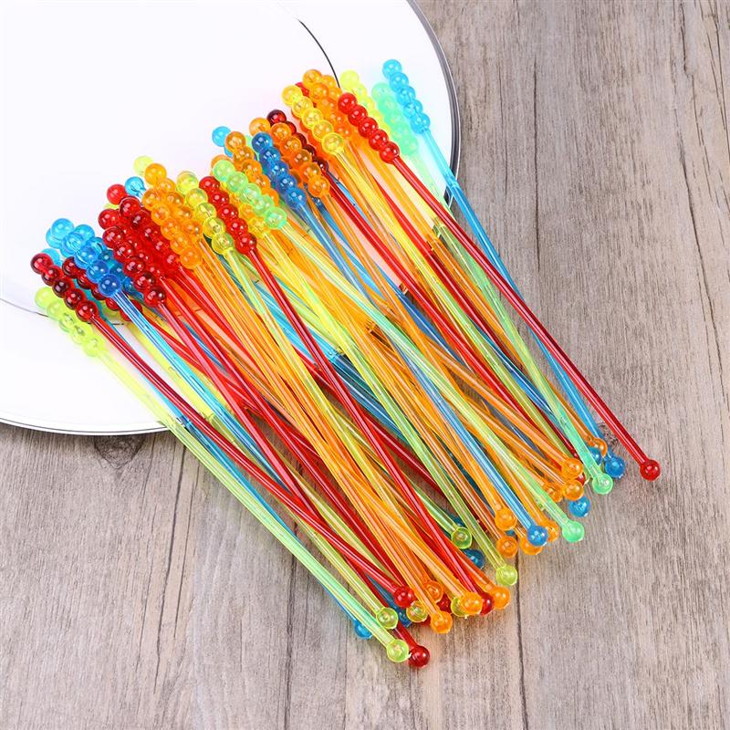 50 Pcs Acrylic Colorful Translucent Round Beads Swizzle Sticks Resuable Beverage Stirrers for Coffee Juice Wine(Random Color)