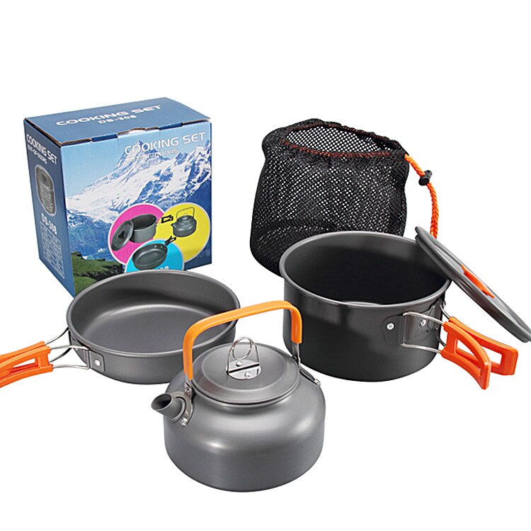 3 pessoa liga conjunto de panelas acampamento ao ar livre DS-308 picnic pot fry pan chaleira conjunto: Orange