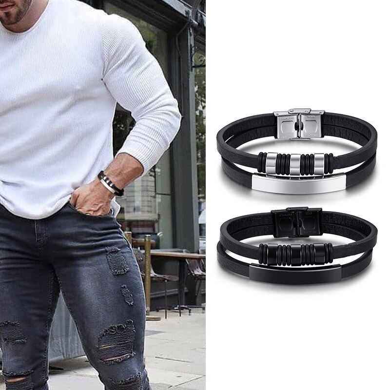 Mannen Lederen Armbanden Met Zwarte Kralen Charm Bangle Gelaagde Polsband Streetstyle Toevallige Mannelijke Sieraden