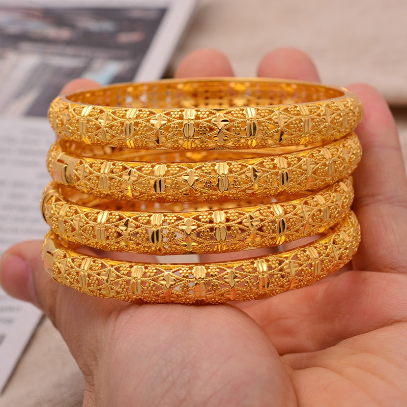 24K 4 Stks/partij Dubai Bruiloft Armbanden Voor Vrouwen Man Ethiopische Sieraden Goud Kleur Afrika Armbanden Vrouwen Arabische Verjaardag Sieraden