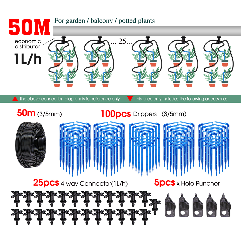 MUCIAKIE 10–100 m Gewächshaus-Tropfbewässerungsset 4-Wege-3/5-mm-Tropfpfeil 2-Wege-Absender-Bewässerungssystem für Topfgartenrasen 1 l/h: Marine Blau