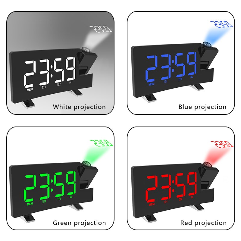 Projektion vækkeur led display tid digital vækkeur med drejelig 180 projektor dobbelt alarm fm radio udsættelse funktion