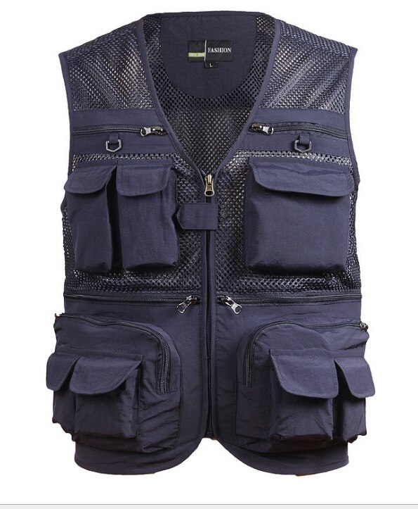 Multi-kieszeń kamizelki wędkarskie wiosna lato na wolnym powietrzu Sporty szybkie suche oddychające siatkowe kurtki mężczyźni fotografia nylonowe kamizelki turystyczne: ciemny niebieski / 5XL