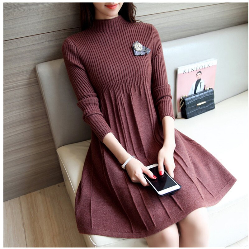 Korean Knit Sweater Dress Women Clothing Autumn Winter Slim Pullover Knit Dress Warm Casual Sweater