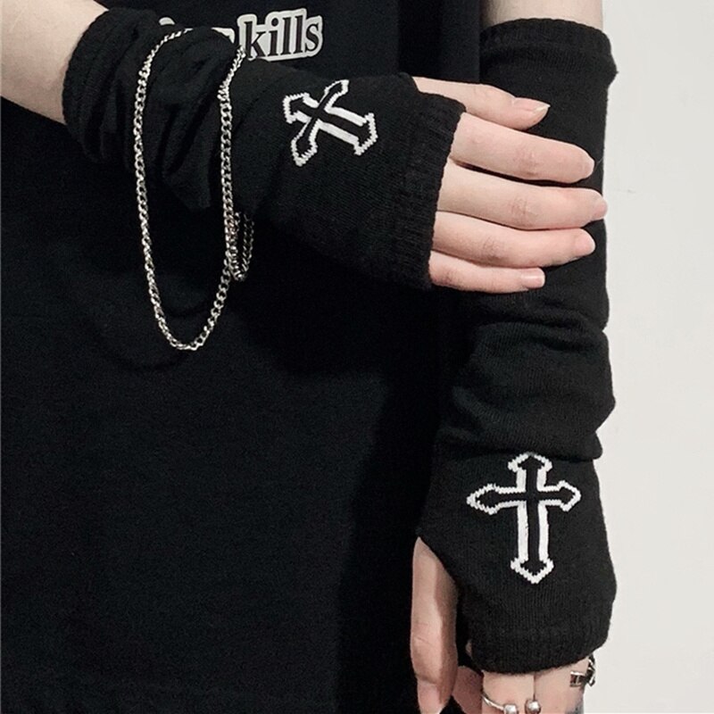 Streetwear Aesthetic Cross Printed Arm Warmers Grunge Emo Alt Mall Goth Women Oversleeve Harjuku Half Finger Glove Sleeve Unisex