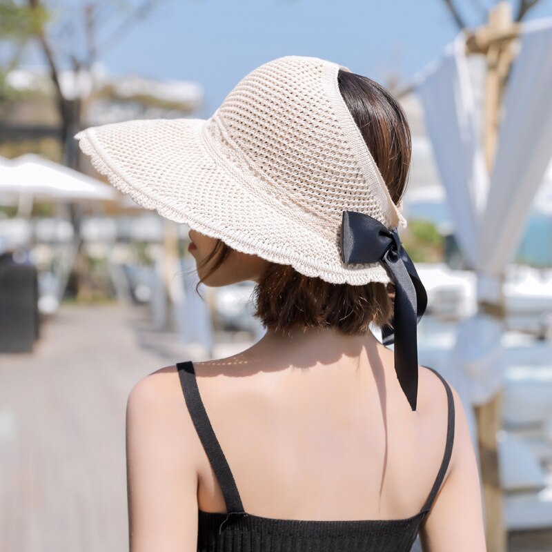 Zomer Vrouwen Grote Brede Rand Strooien Zonnehoed Outdoor Strand Fietsen Casual Zon Bescherming Cap Lege Top Boog paardenstaart Hoeden