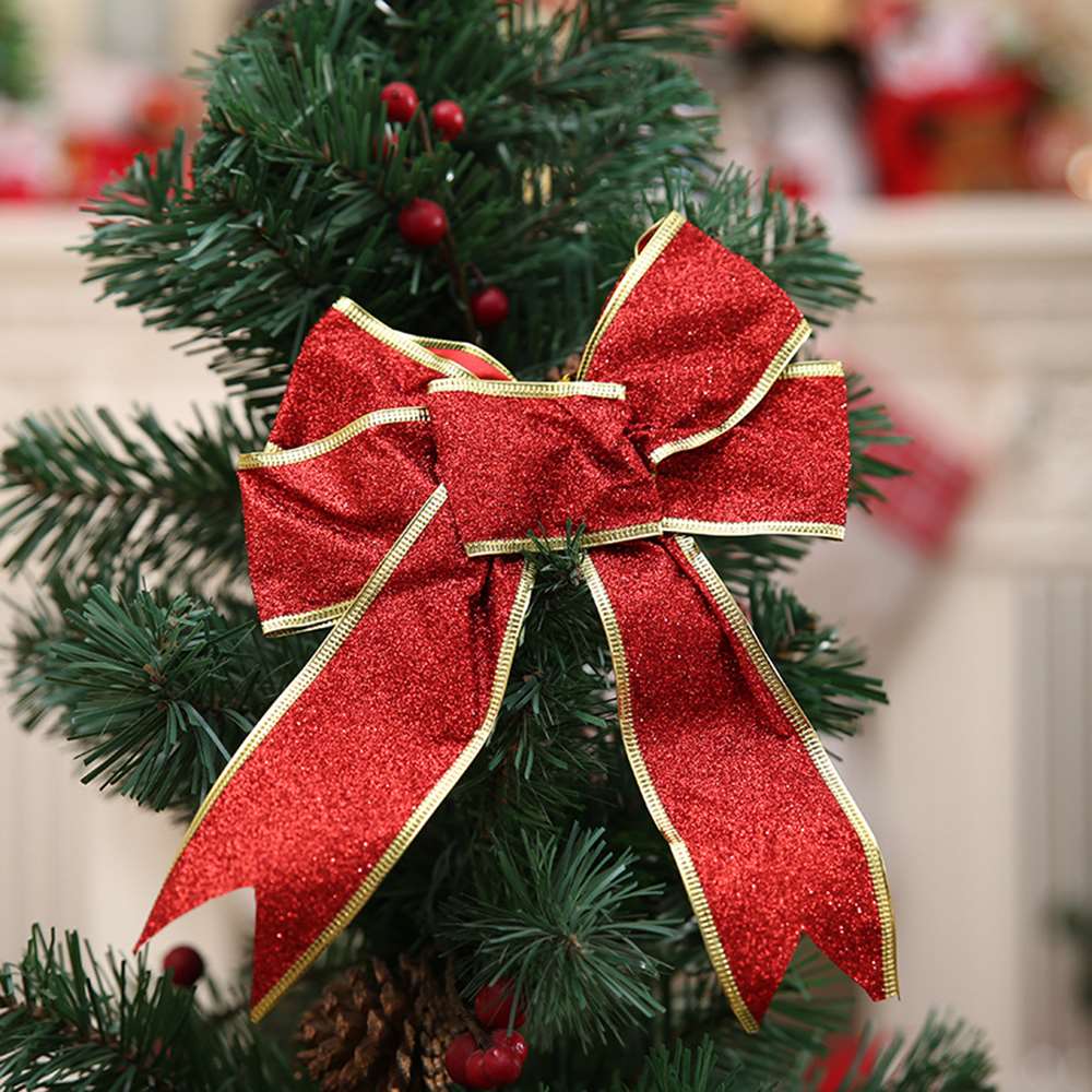6 uds moños navideños de cinta árbol de Navidad Bowknot para decoración de Navidad suministros de Adornos de árbol de Navidad de colores al azar