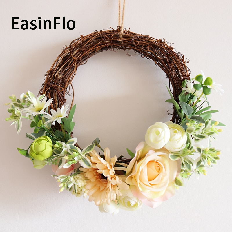 Diy rundt halm rotting cirkel ring juledør blomsterkrans hjem ornament blomster bryllup dekoration