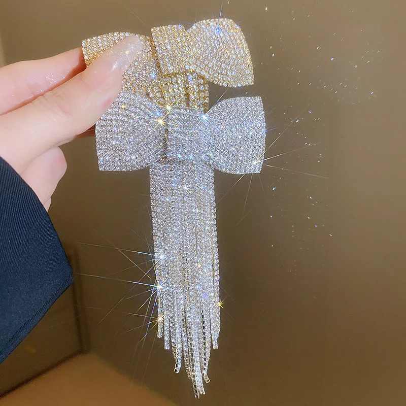 Horquilla con flecos y lazo de diamantes de imitación para mujer, Clip para el cabello con temperamento a la , accesorios para el cabello de lujo ligeros coreanos, Color dorado y plateado