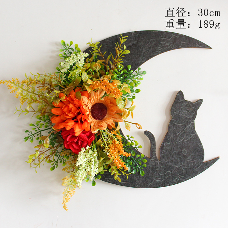 Halloween Maan Kat Slinger Deur Opknoping Decoratie Feestelijke Dode Tak Kitten Wijnstok Cirkel Sfeer Decoratie Deur Krans: Olijf