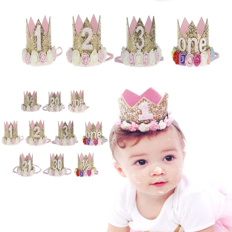 1/2 1 2 jahr Anzahl Priness Stil Geburtstag Hut Baby Mädchen Ersten Geburtstag Decor Blume Partei Crown Stirnband Baby Haar zubehör