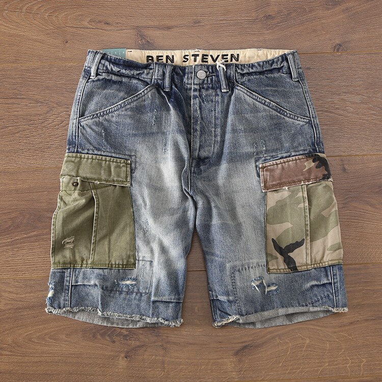 Aboorun mænds cargo denim shorts store lommer patchwork denim shorts sommer brand shorts til mænd