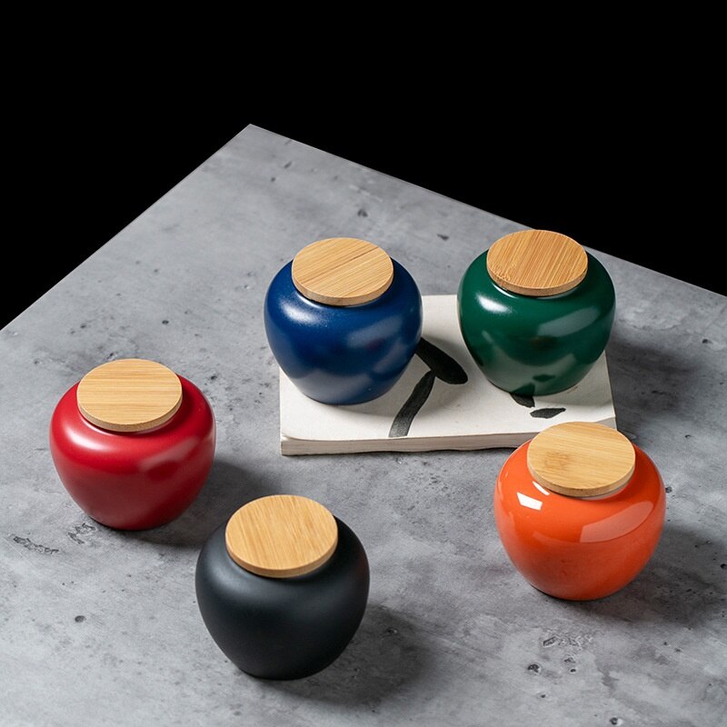 Mini frasco de cerámica con cubierta de madera de bambú para almacenamiento, caja de almacenamiento para objetos pequeños de joyería, creativa, portátil, de viaje, para el hogar