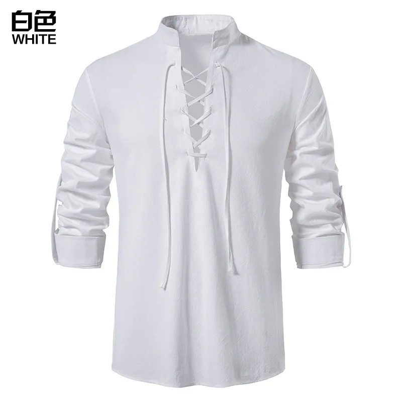 Novos Homens Decote Em V Camisa T-Shirt Moda Vintage Fino Top Manga Longa Homens Casual Respirável Viking Frente Lace Up Ho: S / WHITE
