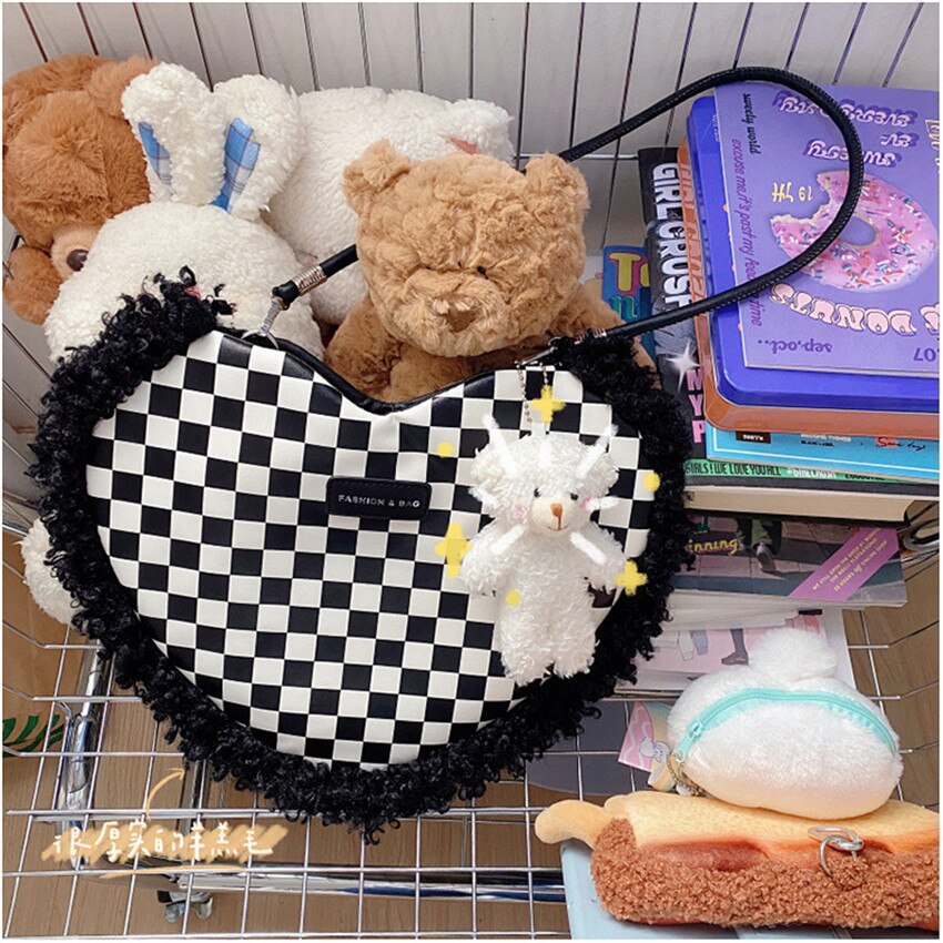 Vrouwen Roze Hart Vormige Schoudertassen Ins Dambord Plaid Dames Crossbody Bag Vrouwelijke Zachte Pu Lederen Onderarm Zak Handtas