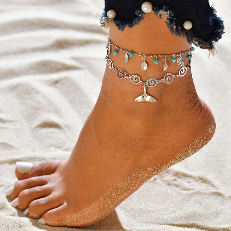 Cavigliera etnica foglia rotonda fiore di loto a piedi bracciali alla caviglia per donna catena per gambe gioielli 19.5cm(7 5/8 &quot;) di lunghezza, 1 pezzo: 4