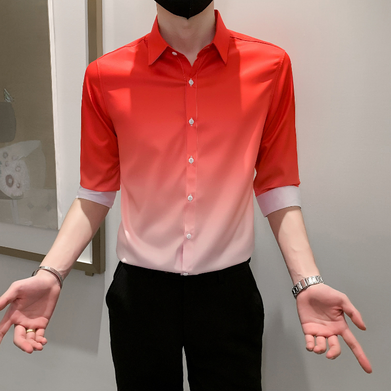 Camisa de Color degradado para hombre, ropa informal ajustada, esmoquin para baile de graduación, Media manga, 4xl-M