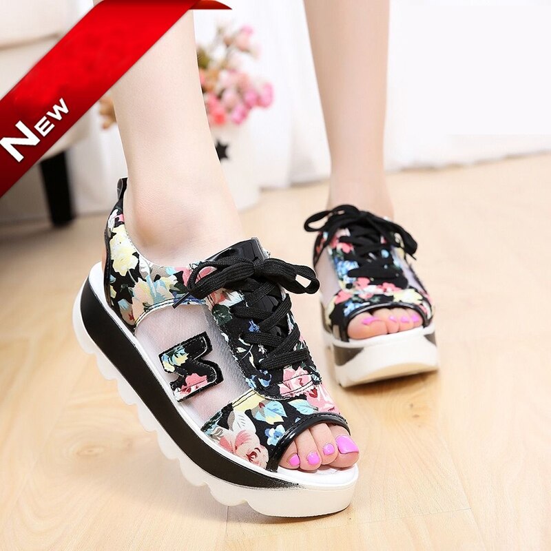 Zomer casual veter sport damesschoenen dames print sandalen visgraat mesh dikke bodem schommelschoenen