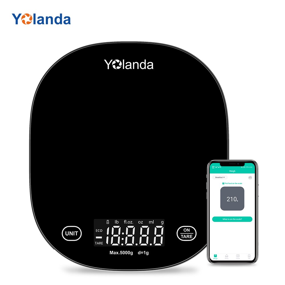 Yolanda-báscula Digital inteligente con Bluetooth para cocina Balanza de alimentos, registro de alimentos, nutrición, diario, pantalla LED, botón táctil: Black