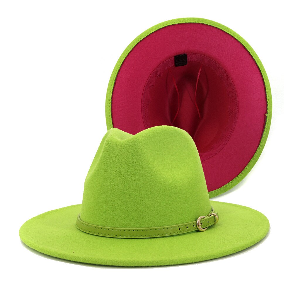 QBHAT-sombreros de fieltro de ala ancha para mujer, sombrero de fieltro de retales, color verde lima, interior, rosa, Panama, Vintage, Unisex, sombrero Fedora, Jazz, L XL: 59to60cm
