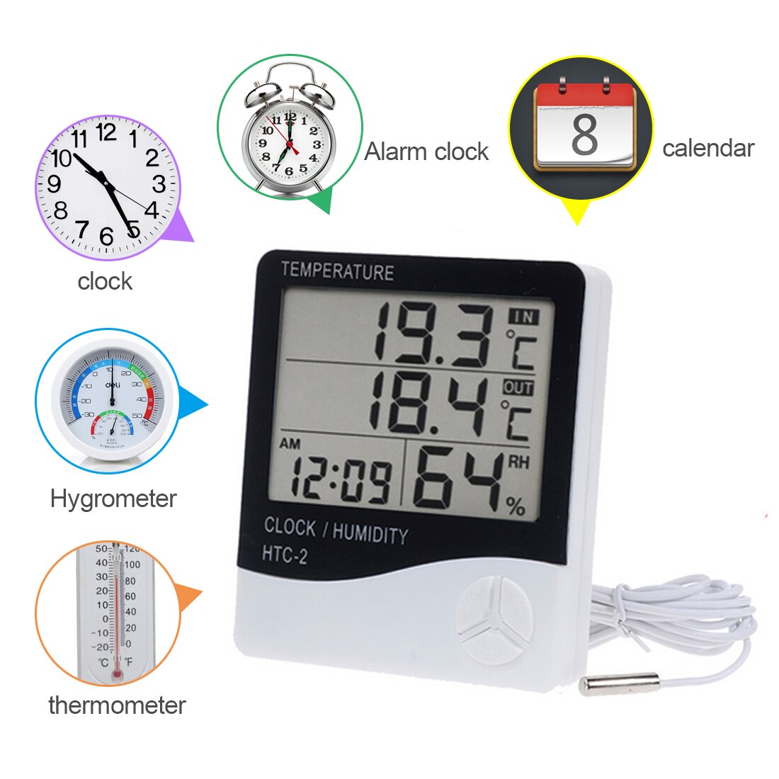 LCD Digital Temperature Humidity Meter Indoor Outdoor Hygrometer Thermometer Weather Station With Clock For Home HTC-1 /-2