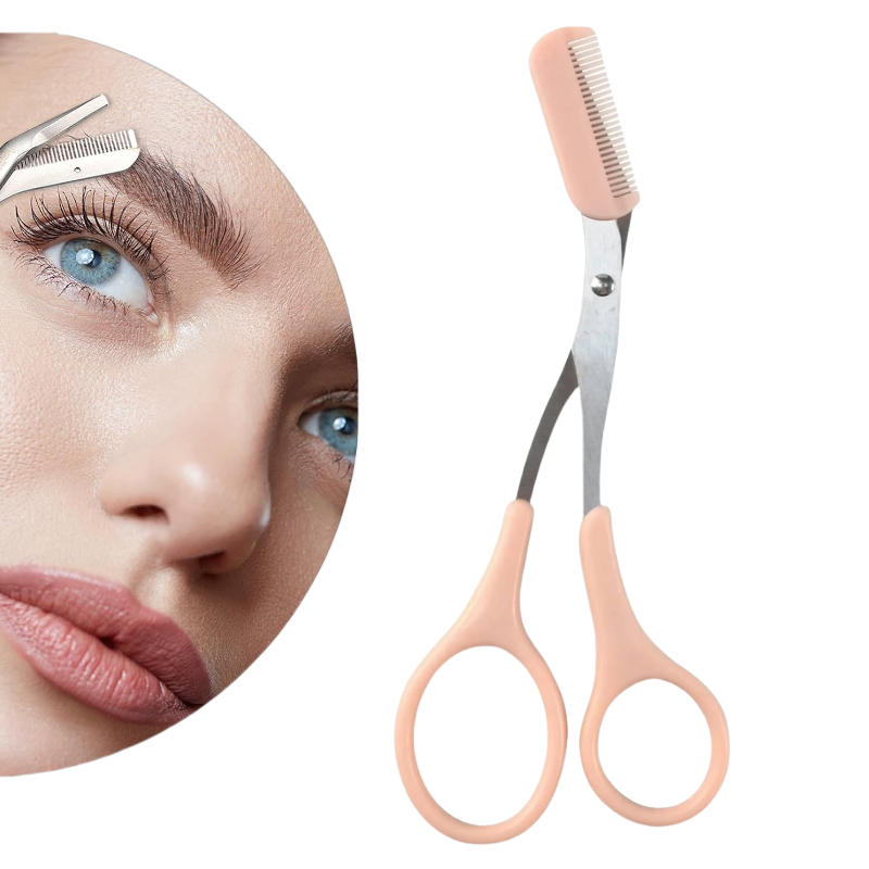 Pink eyebrow trimming scissors with built-in comb - stainless steel, precise grooming tool, creating perfect eyebrows