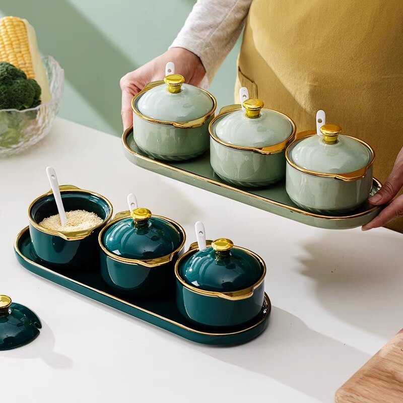Cuenco de cerámica con tapas y cuchara para azúcar, juego de frascos de especias para condimentos de lujo, contenedor de almacenamiento de azúcar para Cocina