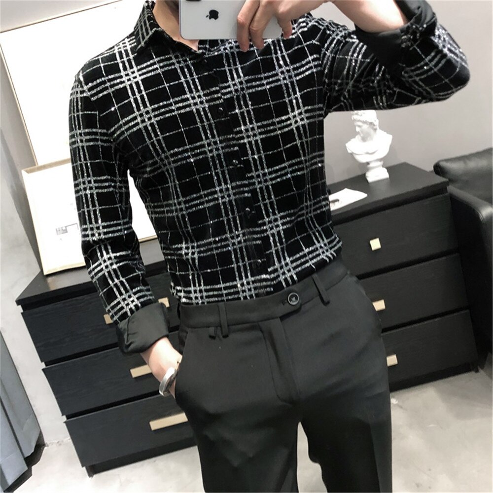 Luxury Velvet Palid Shirs Men Long Sleeve Slim Fit Casual Shirt Spring Business Formal Dress Shirts Social Party Clothing