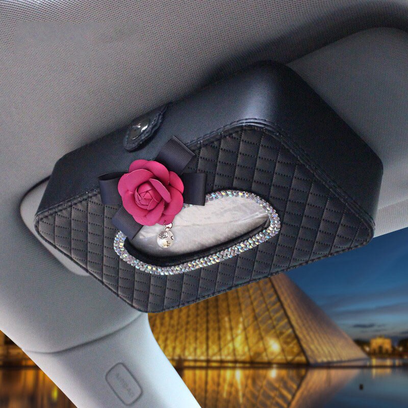Camellia Rhinestone Car Sun Visor Type Car Tissue Box Holder Leather Diamante Interior Floral Paper Towel Storage Accessories: rose black