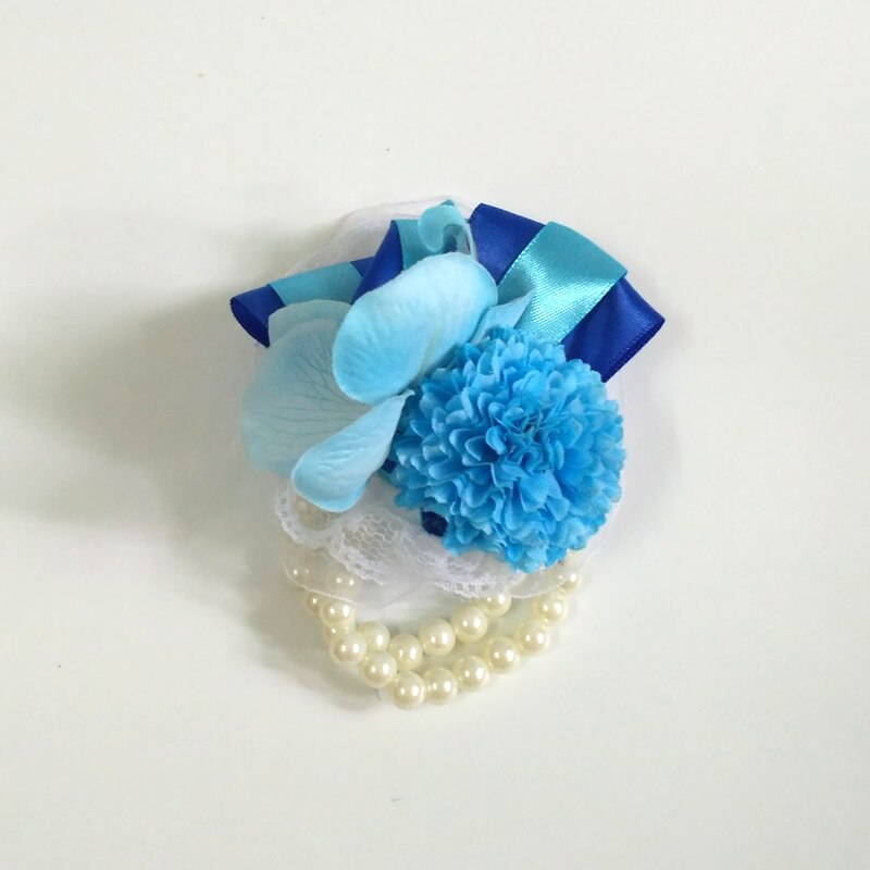 Kyunovia Blume Blume Ich bin Knopfloch Hochzeit Bräutigam Knopfloch Revers Stift Perle Armbinde Prom Ereignis Zubehör Party Handgelenk Korsage FE36: Handgelenk Blume Blau