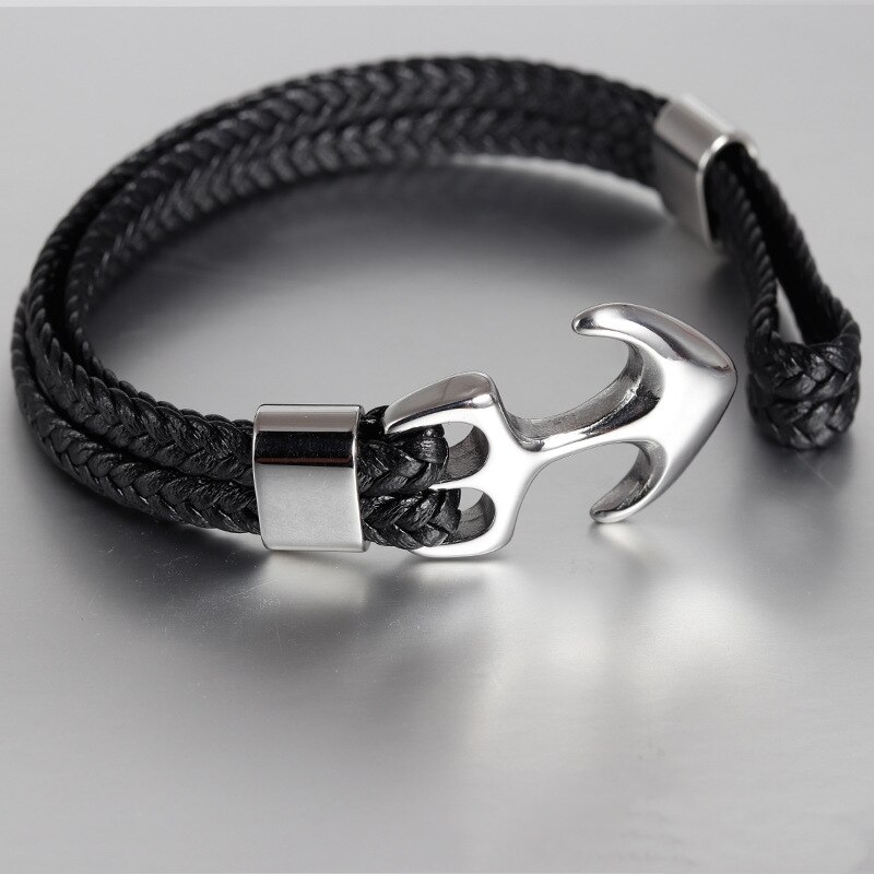 Charm Multilayer Men Leather Bracelet Black Gold Black Stainless Steel Survival Rope Anchor Bracelets for Men Male Jewelry