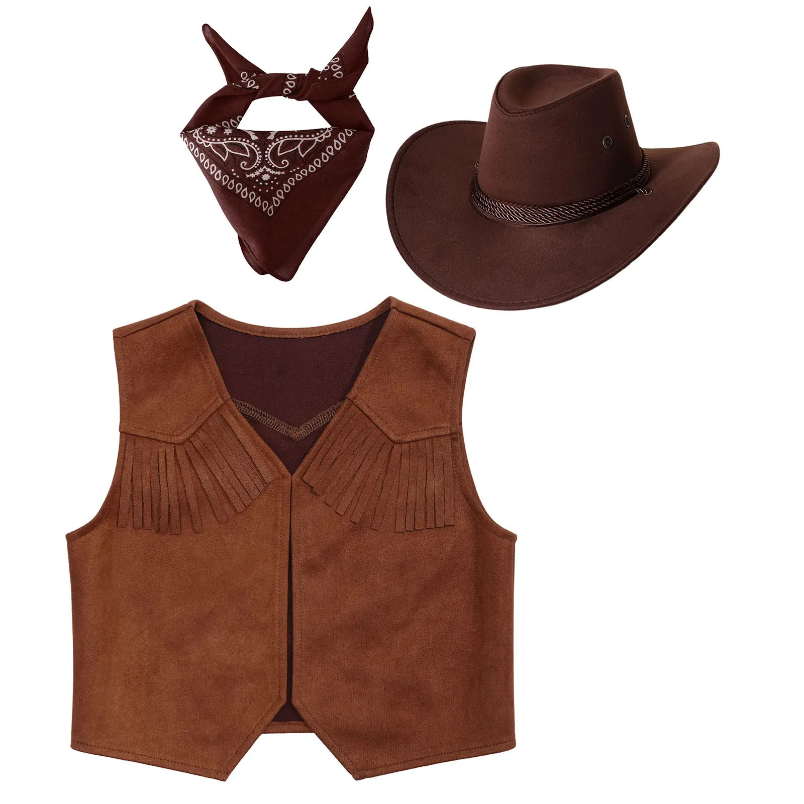 Wild West Cosplay Cowboy Cowgirl Costume Halloween Dress Up Clothes Fringe Sleeveless Vest with Bandanna Hat Set: XXXL / Blue