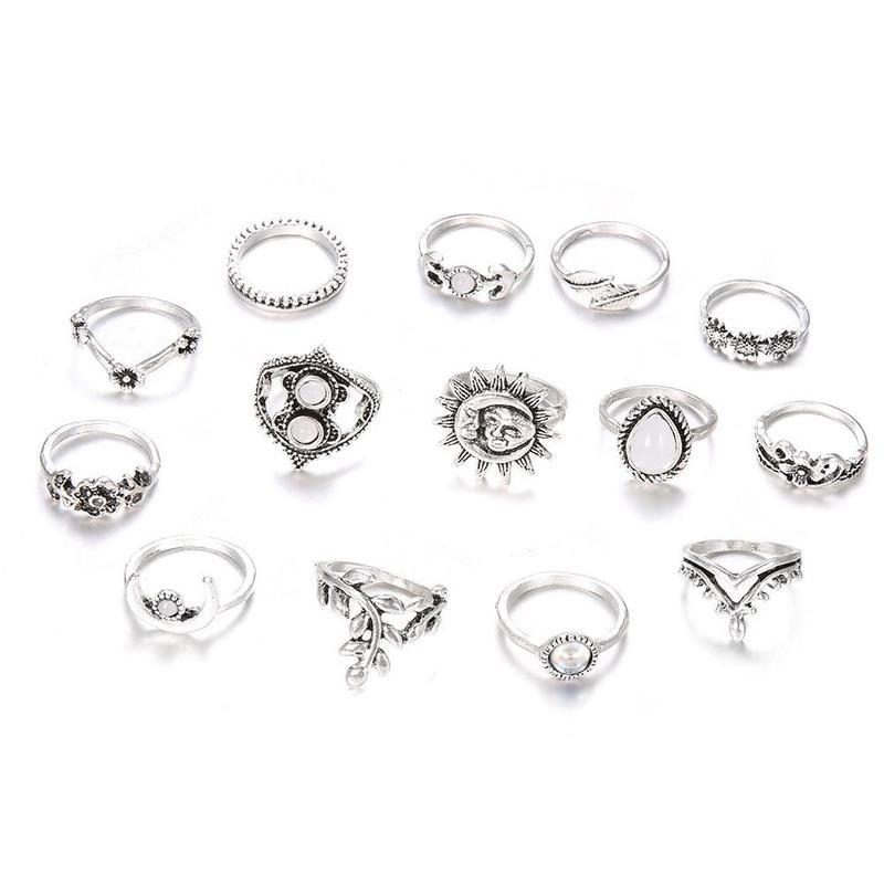 14 Stks/set Moon & Sun Knuckle Opal Set Blad Bloem Hart Kroon Ringen Voor Vrouwen Femme Boho Verklaring Jewelry: Default Title