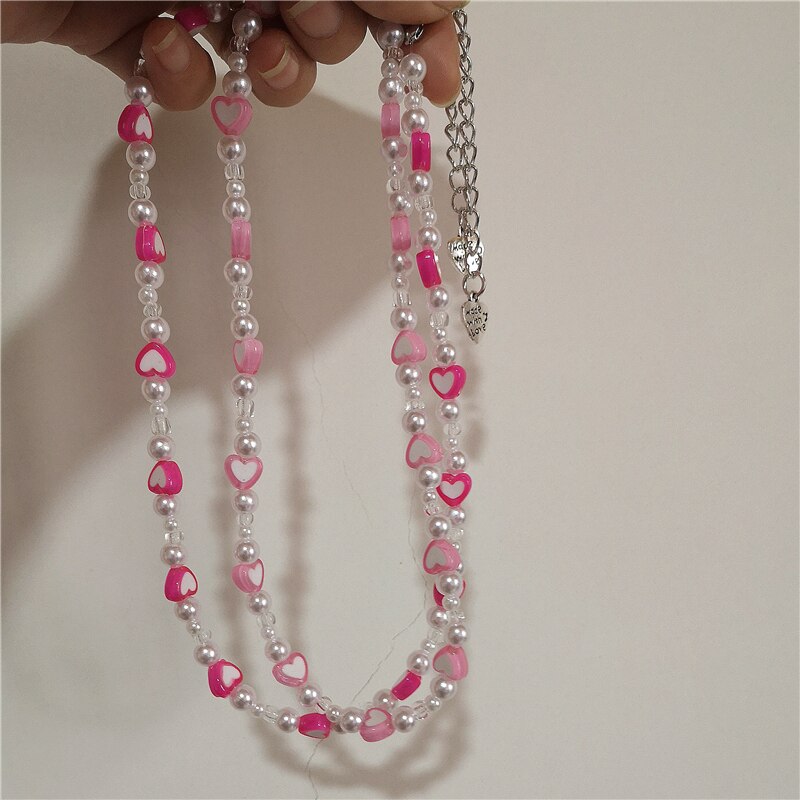 2022 new goth candy color pink pearl peach heart beaded necklace for female harajuku cute egirl party  y2k jewelry accessories