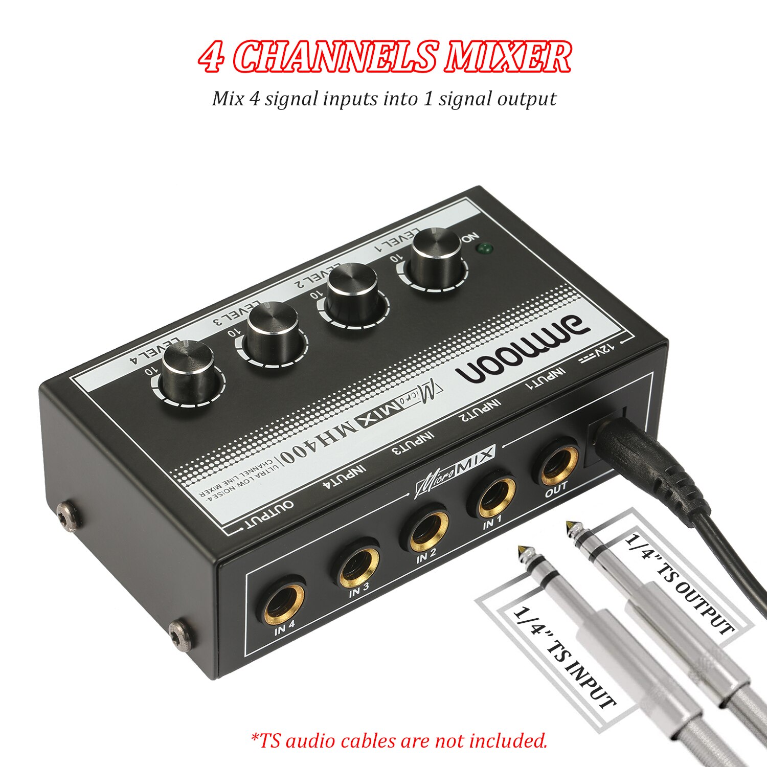 Ammoon MH400 miscelatore Audio a 4 canali a bassissimo rumore mini miscelatore Audio con ingressi TS da 1/4 pollici e controllo del volume di uscita per chitarra