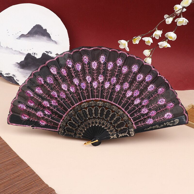Silk Fan Folding Fan Wedding Art Peacock Sequin Dancing Fan Hand Held Fan: LP