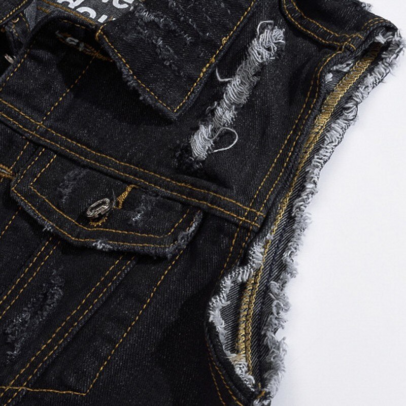 Sleeveless Ovrecoats Hole Mens Denim Vest Slim Fit Single Breasted Casual Black Male Waistcoat Plus Size M-5XL